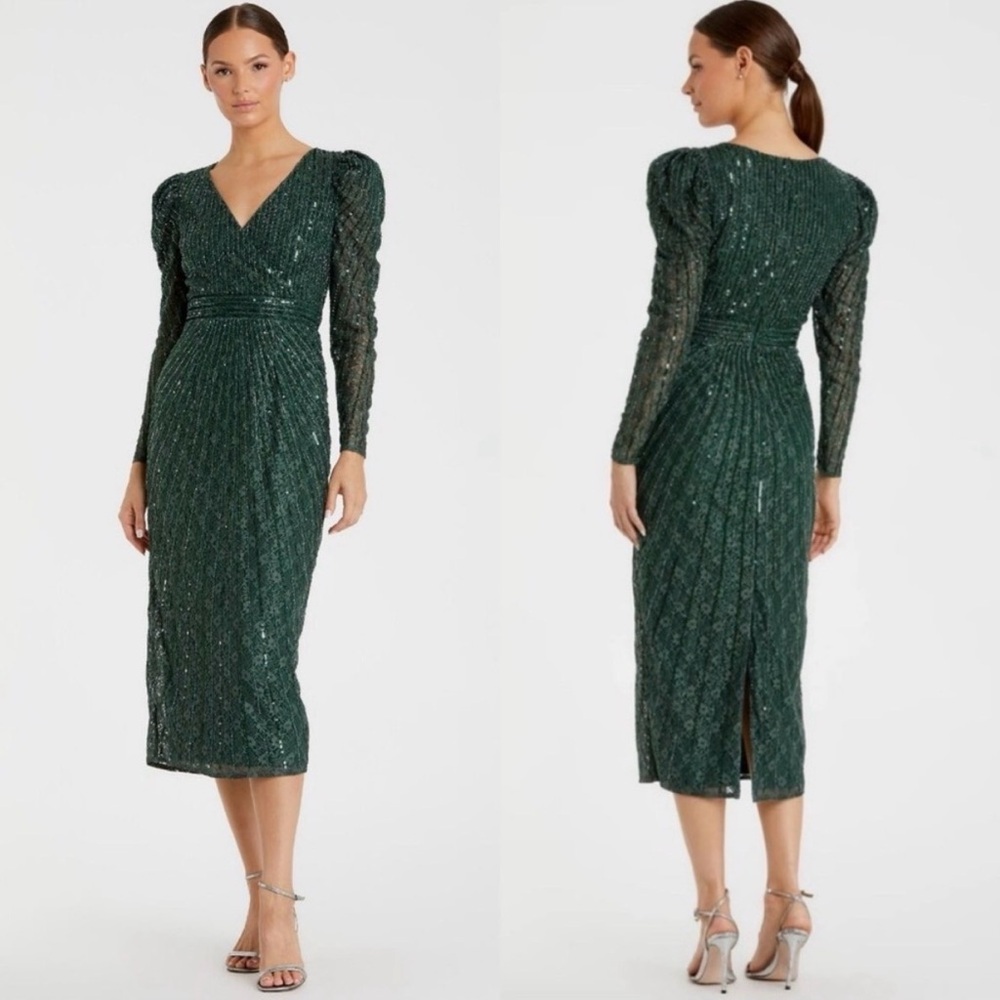 Mac Duggal 93676 Beaded Lace Long Sleeve Midi Dress